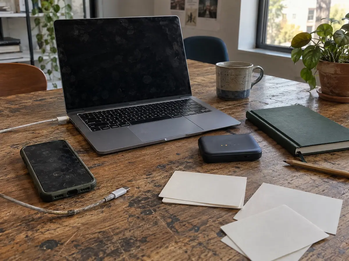 Everyday laptop, phone, connectivity device, and paper research materials