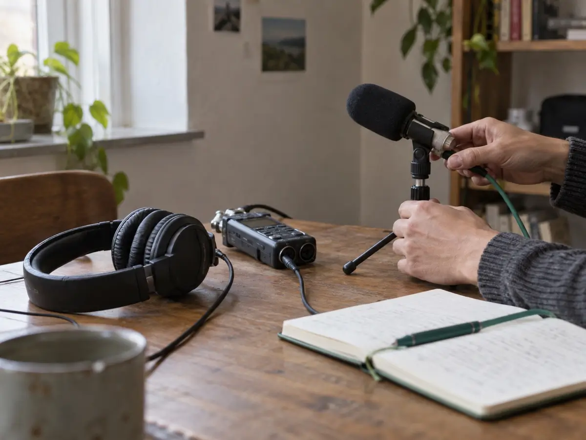 Microphone, headphones, and field recorder prepared for speech research