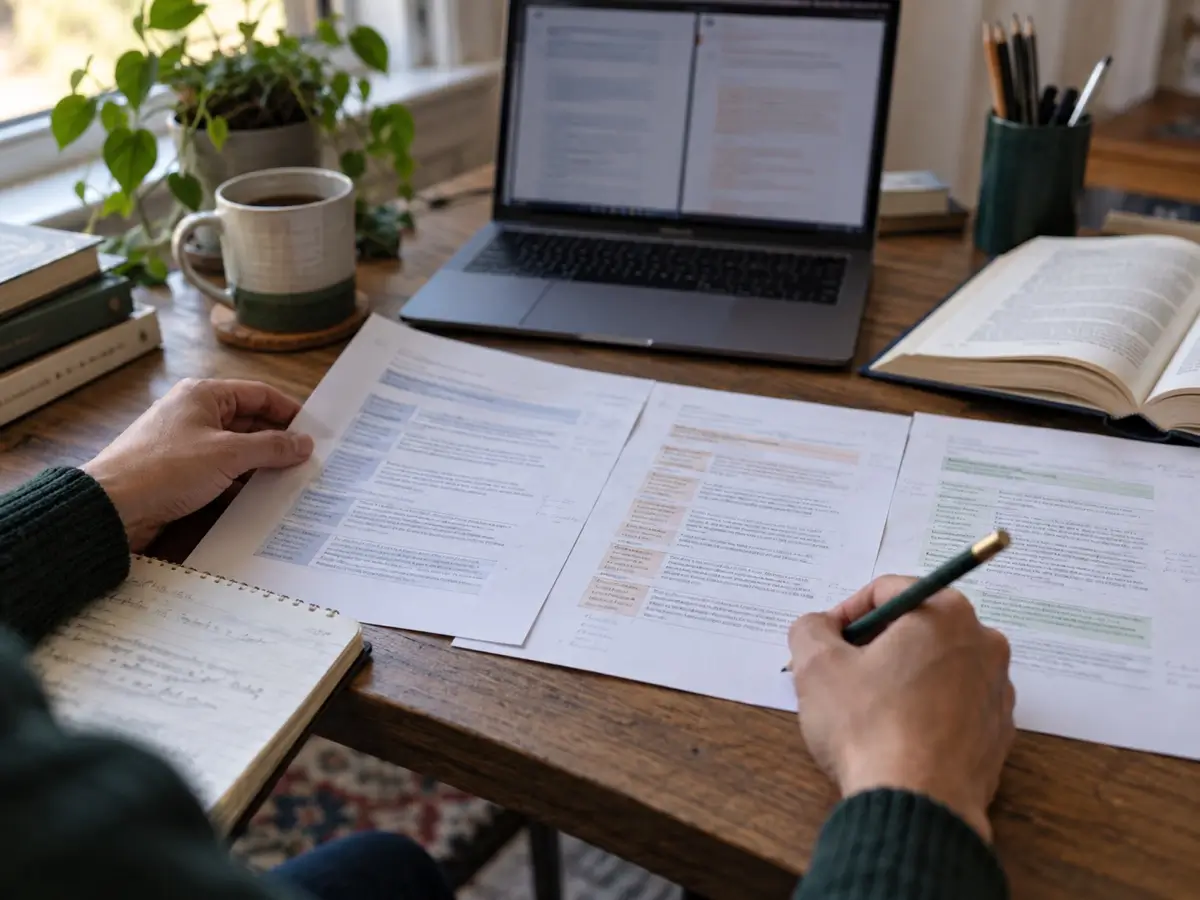Researcher reviewing multilingual model-evaluation materials at a desk